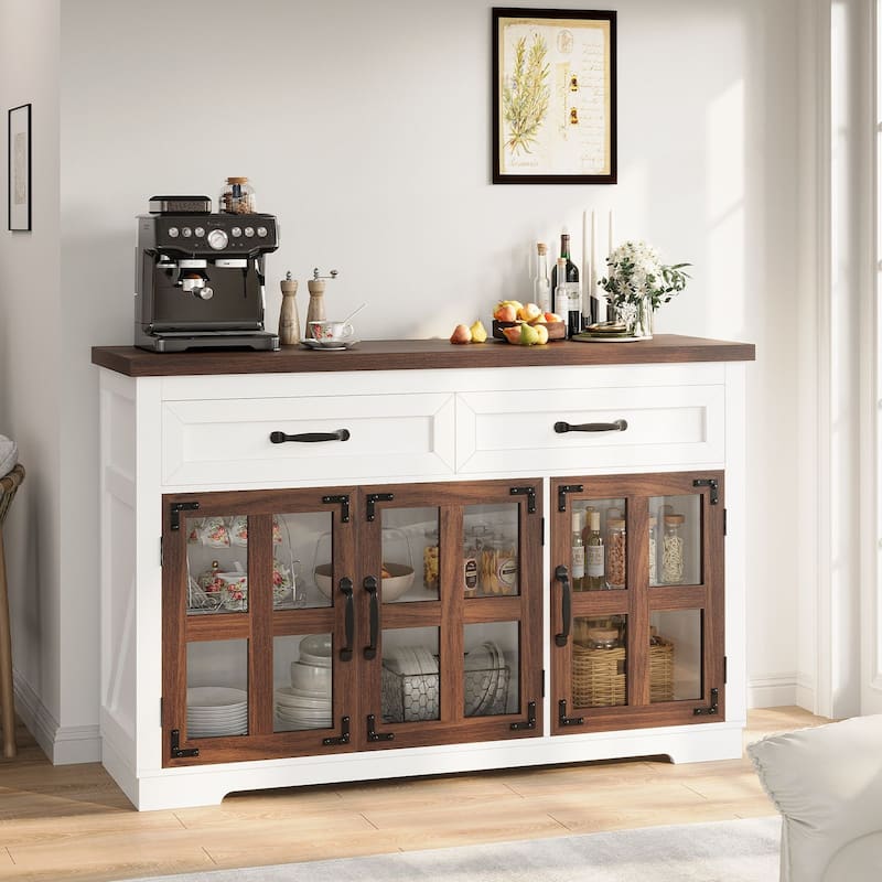 Gymojoy 53" Farmhouse Buffet Cabinet with Glass Doors, Modern Sideboard Storage Console for Kitchen, Dining Room, Living Room - White