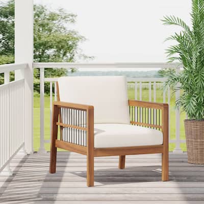 Elias Acacia Wood and Iron Outdoor Club Chair with Cushions by Christopher Knight Home