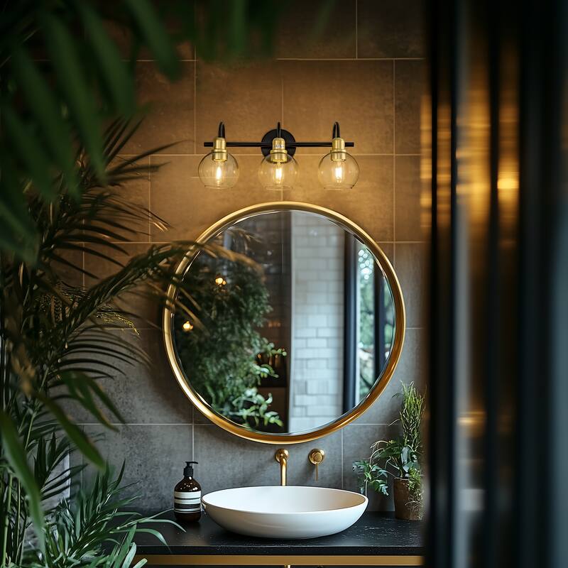 YANSUN Fishing Rod Vanity Light, Large Transparent Round Shade, E26, Black and Gold Finish for Elegant Bathroom Lighting