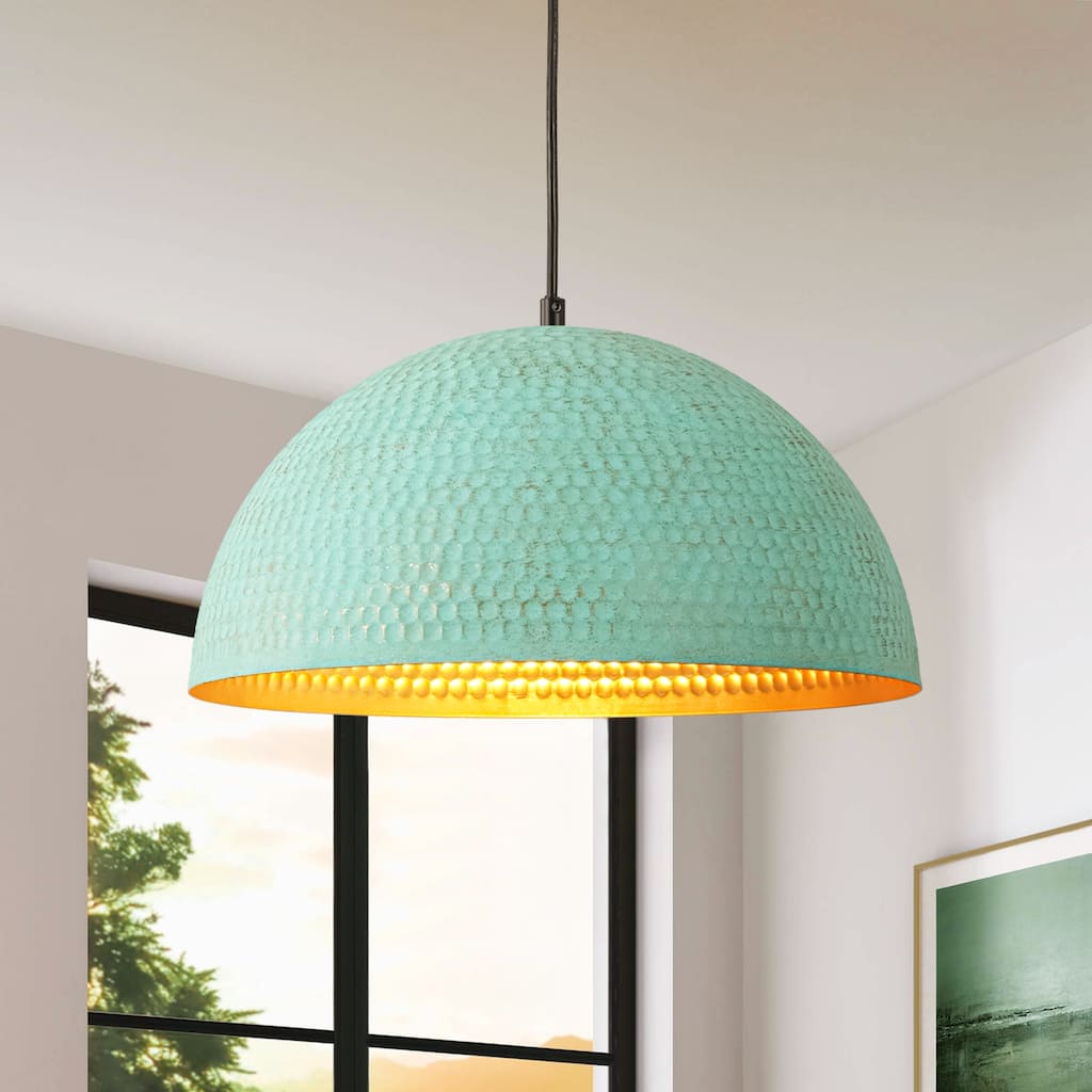 15.7" 1-Light Retro Antiqued Green Hammered Dome Pendant with Gold Interior Hanging Light for Dining Room