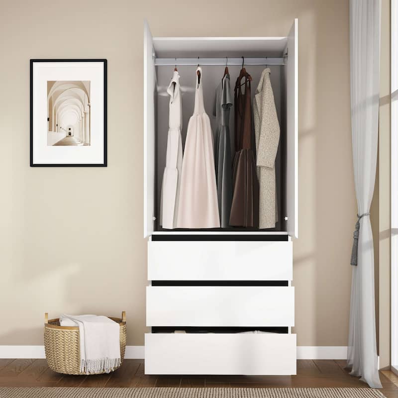 75" Armoire Wardrobe Closet with 3 Drawers, Clothes Organizer Closet with Storage Shelves
