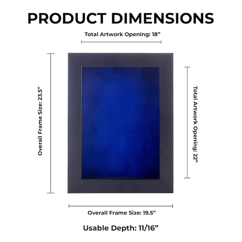 18x22 Shadow Box Frame Black Wood | With a 3/4" Usable Display Depth | Includes a Royal Blue Real Suede Texture Acid-Free