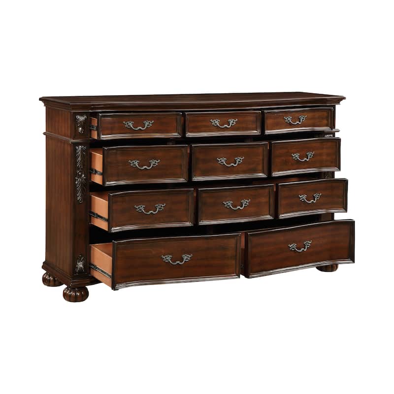 Nami 66 Inch Dresser, 11 Dovetail Drawers, Metal Handles, Cherry Brown Wood