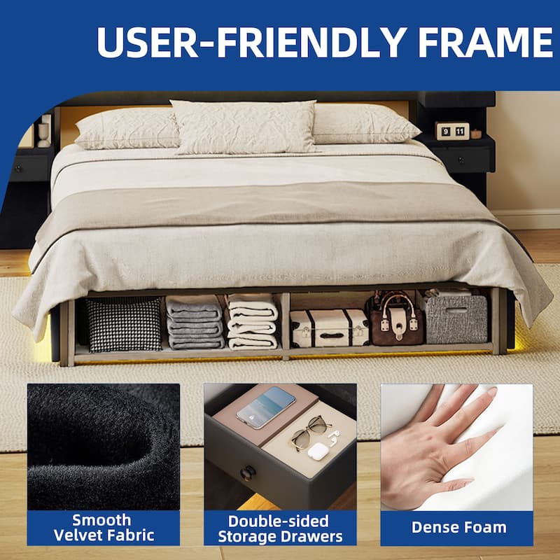 Moasis Queen Size Luxury Velve Bed Frame with Upholstered Oversize Headboard and LED Lights and Charging Station