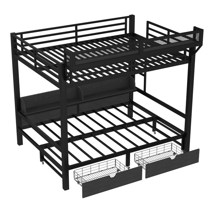 Convertible Queen Bunk Bed with Storage, USB Ports & LED Lights - Space-Saving Multifunctional Metal Bed