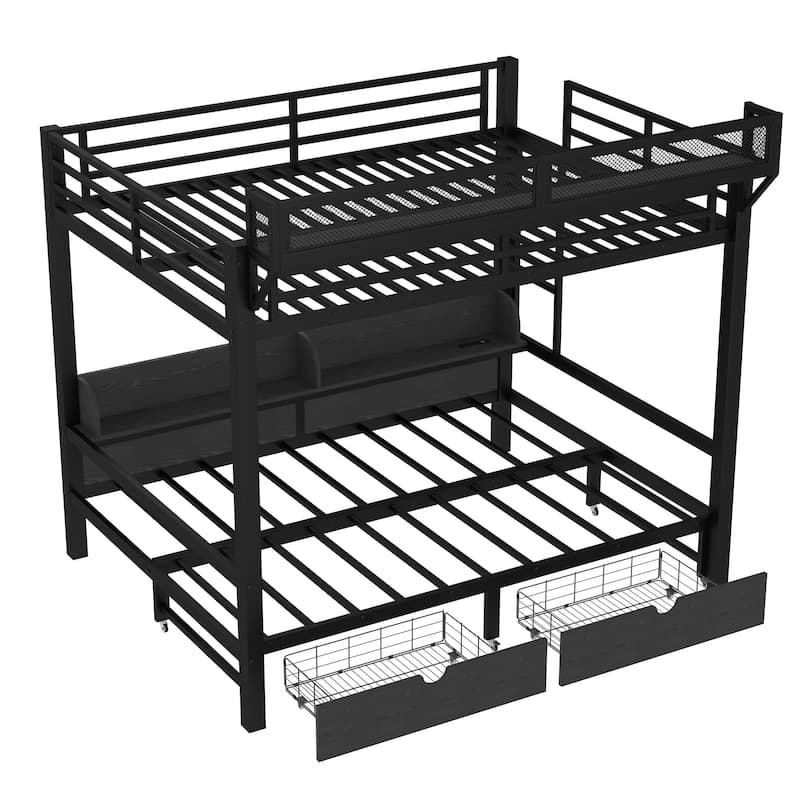 Queen over Queen Bunk Bed Frame with USB Ports, LED Lights, Storage Shelves and Drawers, Lower Bed Converted into Sofa