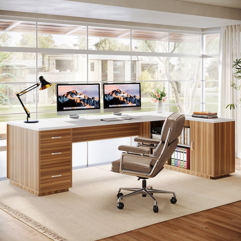 86'' L-Shaped Corner Executive Desk with File Drawers for Home Office