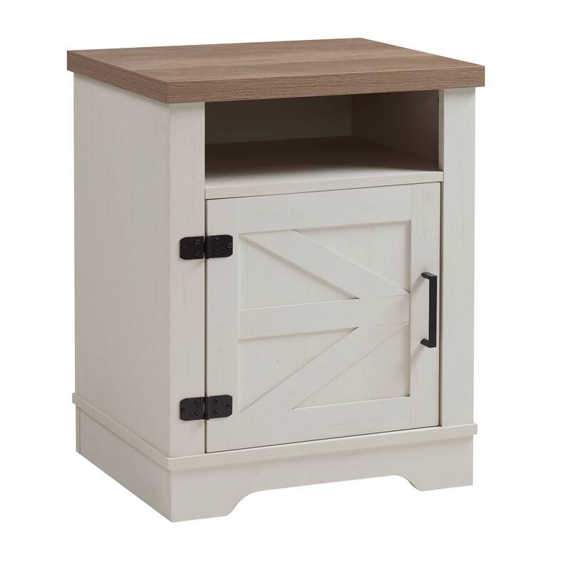 Farmhouse Nightstand, Modern Bedside Table with Barn Door and Shelf, Rustic End Table Side Table for Bedroom, Living Room
