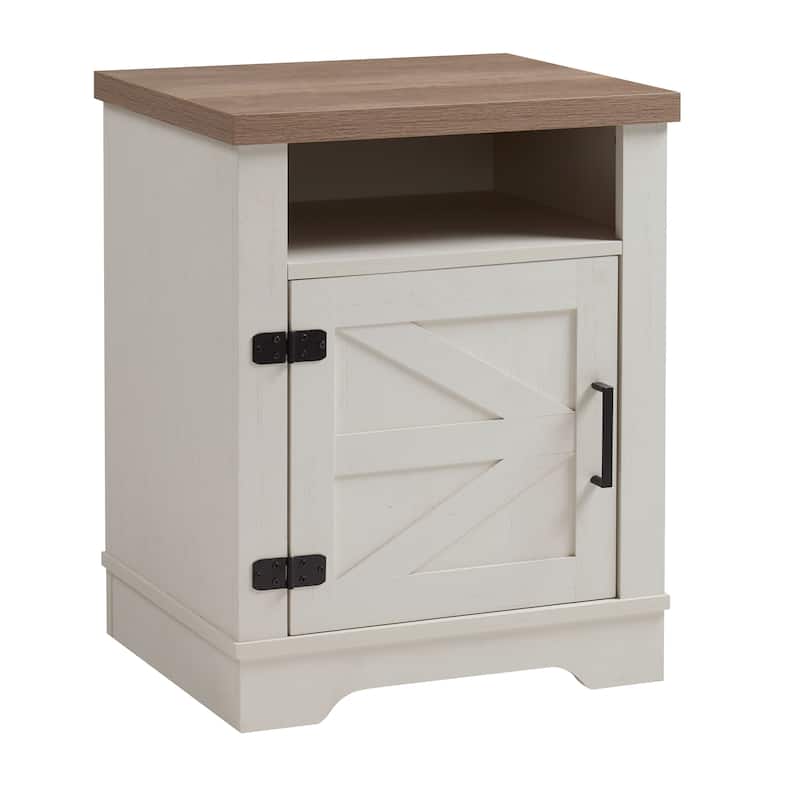 Farmhouse Woodem Nightstand, Sofa Side Table with Barn Door & Open Shelf, Multi-functiona Bedroom Coffee Table