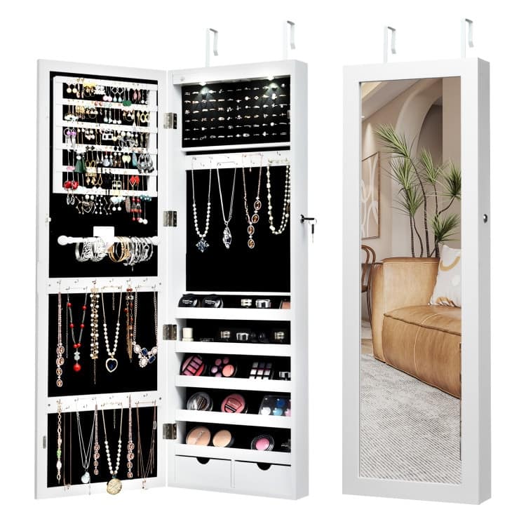 Lockable Wall Mount Mirrored Jewelry Cabinet with LED Lights - White - 14.6" x 3.8" x 43.3" (L x W x H) - White
