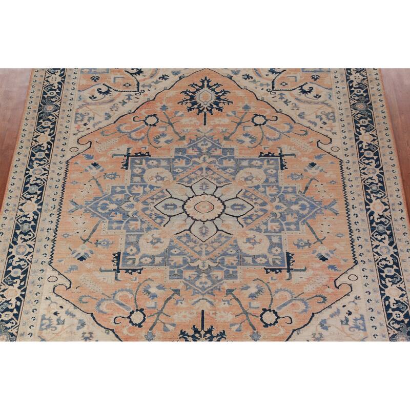 Orange Vegetable Dye Heriz Serapi Rug Hand-Knotted Wool Carpet - 8'11"x 11'11"