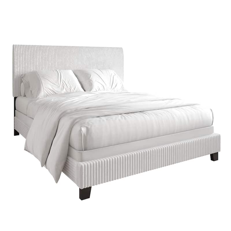 CraftPorch Corduroy 4-pieces Mid-Century Modern White Bed with Light Grey Furniture Bedroom Set
