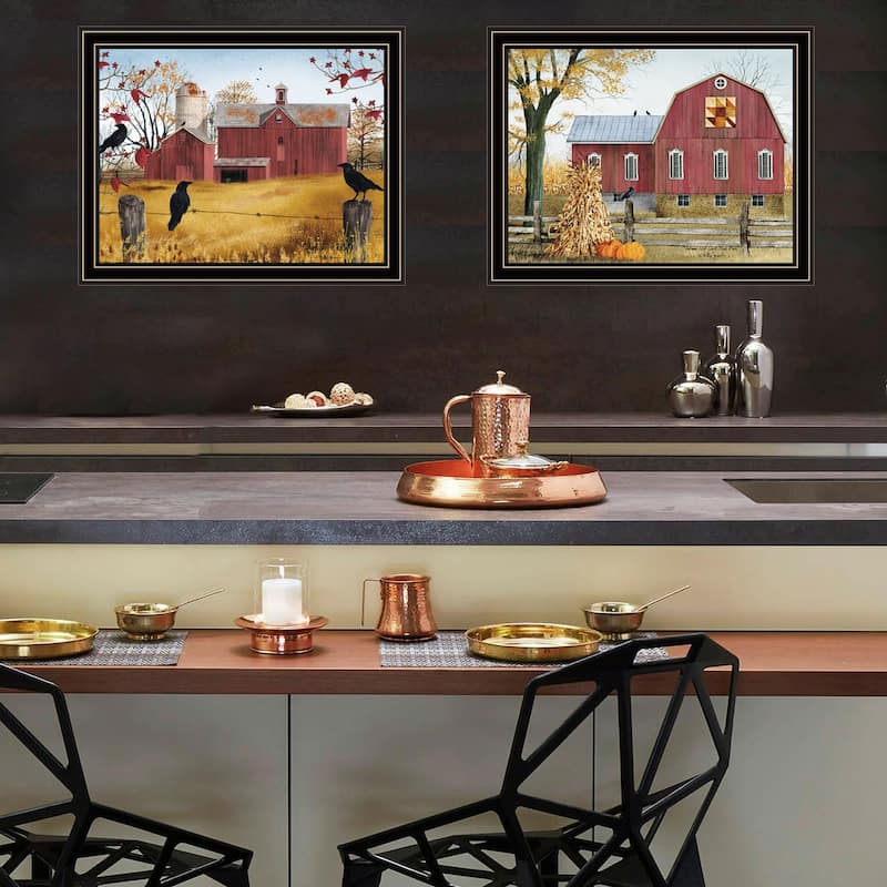 2-Piece Framed Wall Art Set - Autumn Red Barns, Black Frame