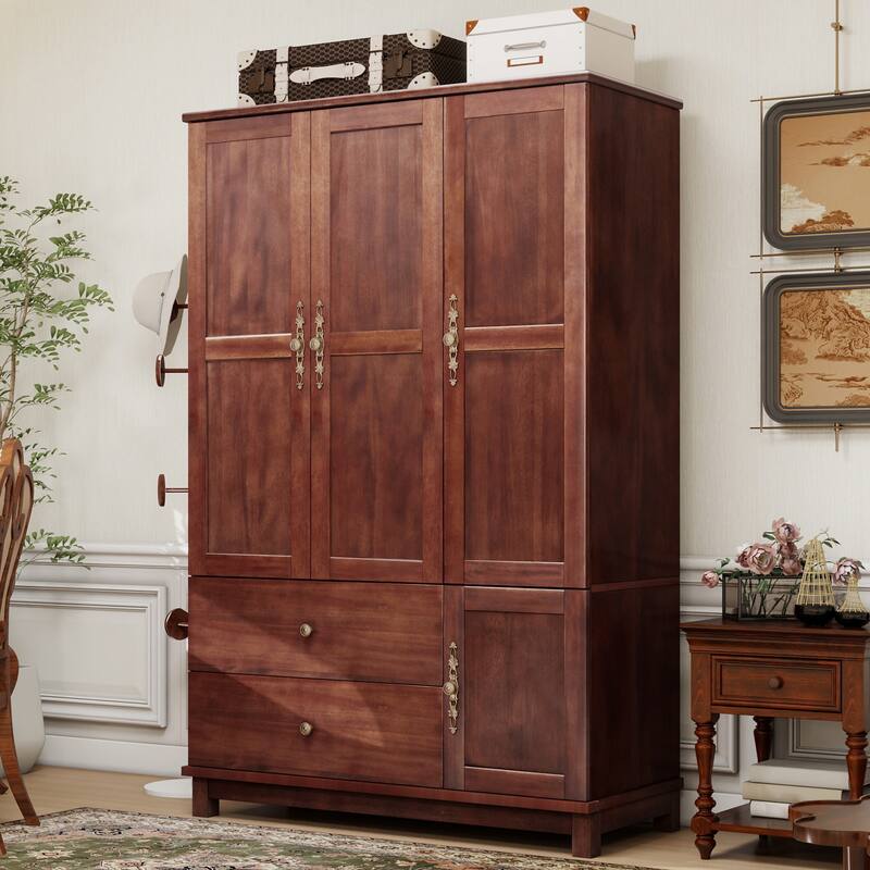 100% Solid Wood Walnut Armoire Wardrobe Closet with Drawers and Hanging Rod, Farmhouse Style Wardrobe Closet with 3 Doors