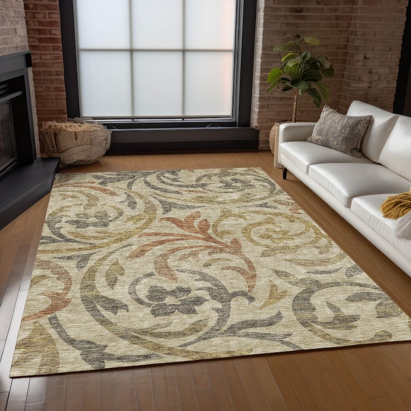 Machine Washable Indoor/ Outdoor Chantille Floral Scroll Rug