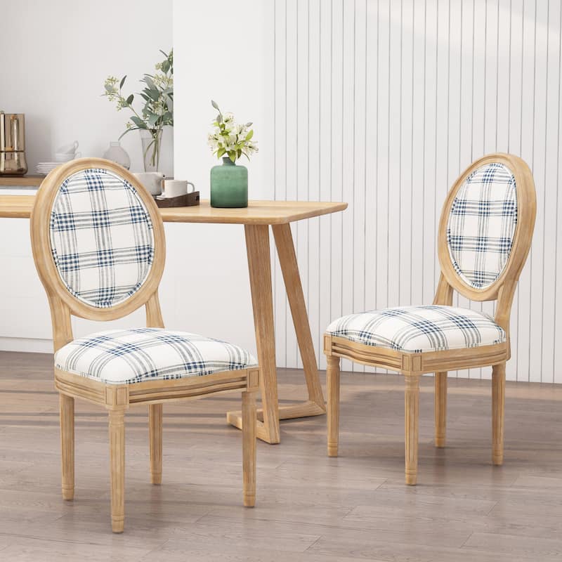 Phinnaeus French Country Fabric Dining Chairs (Set of 2) by Christopher Knight Home - Dark Blue Plaid + Light Beige + Natural