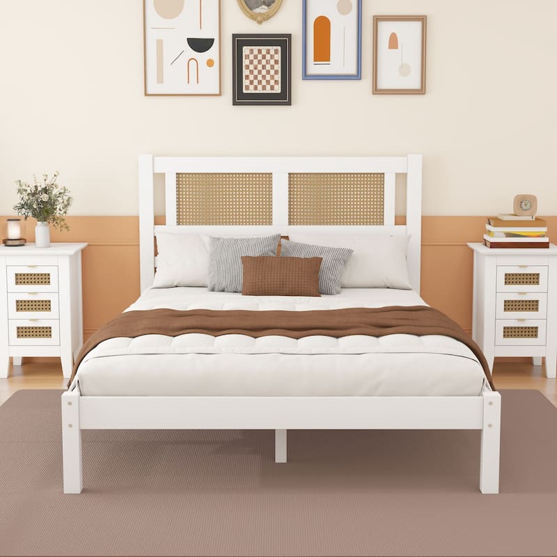 Platform bed with natural rattan headboard