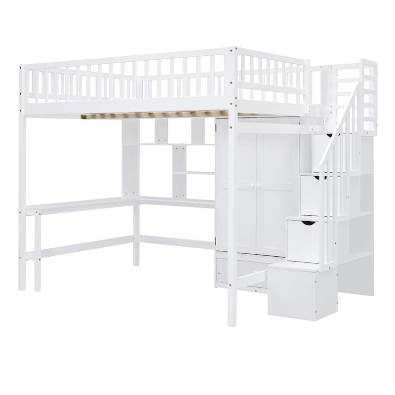 Full size Loft Bed with Bookshelf,Drawers,Desk,and Wardrobe