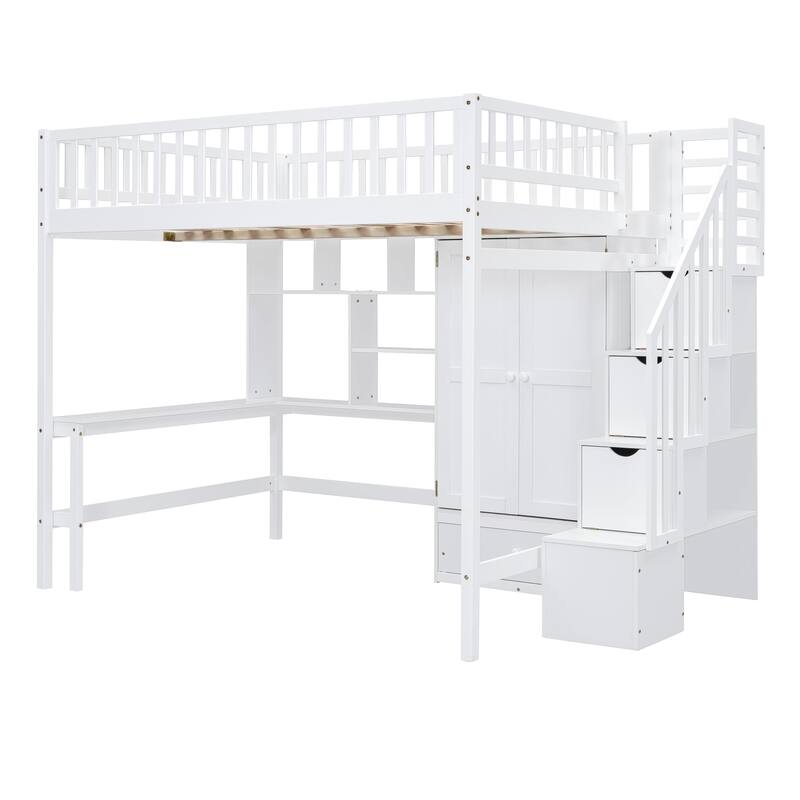 Loft Bed with Bookshelf, Drawers, Desk and Wardrobe
