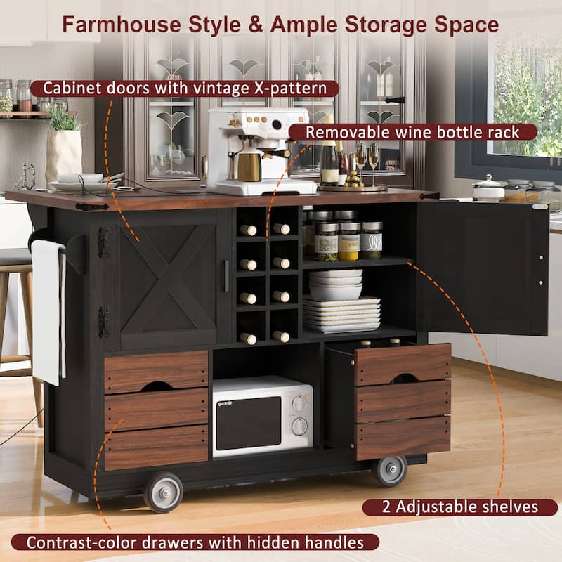 54" Farmhouse Kitchen Island with Drop Leaf, Power Outlet
