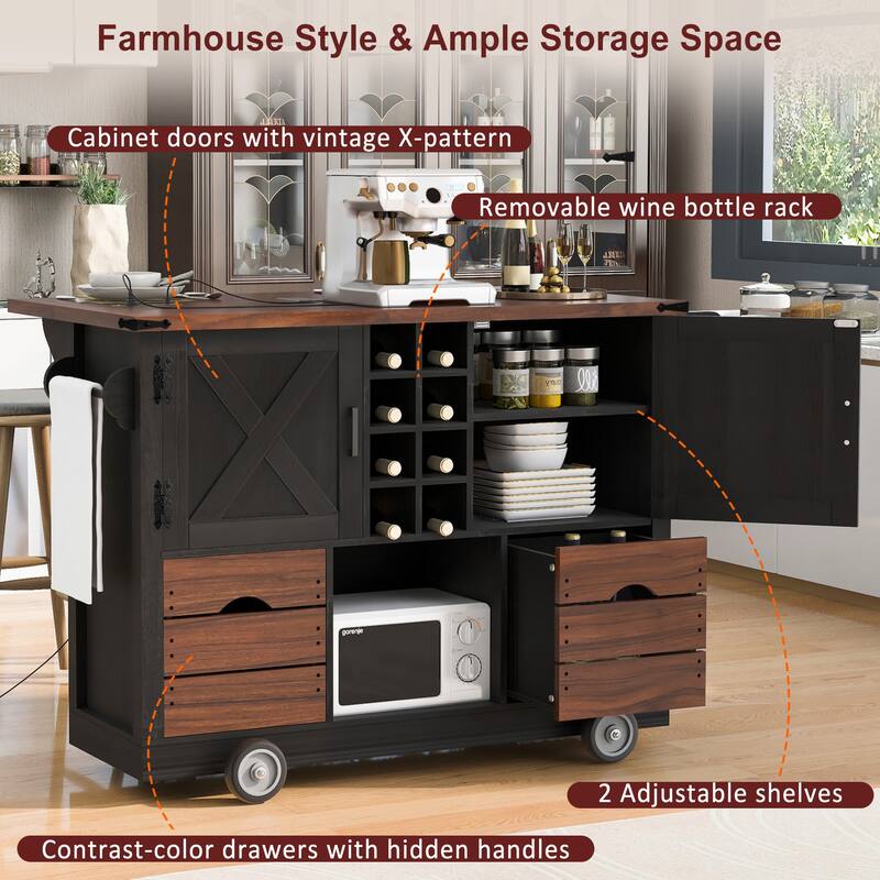 Roomfitters 54" Farmhouse Kitchen Island with Drop Leaf, Power Outlet, Wine Rack, 2 Drawers, 2 Doors