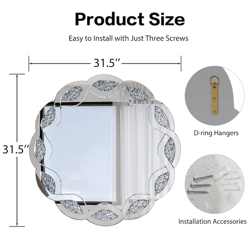 GDFStudio - Glam Silver Crush Diamond Round Wall Mirror with Wave Frame - 31.5 Inch