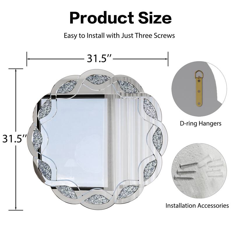 Roomfitters 31.5" Silver Mirrored Wall Mirror, Round Decorative Console Mirror with Crushed Diamond Wave Frame