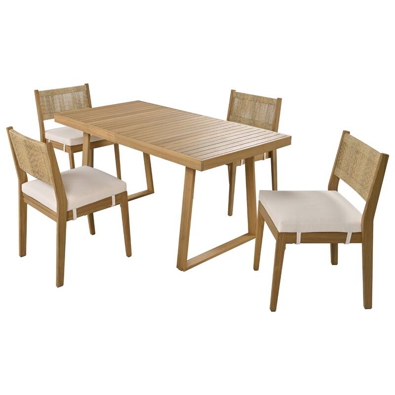 Wood Outdoor Dining Table Set for 4 with Thick Cushions and 4 Chair 5 Piece Outdoor Acacia Wood Dining Table and Chair Set