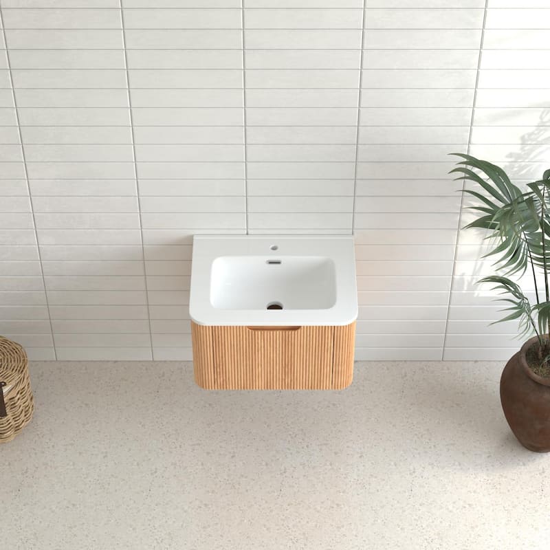 24" Wall-Mounted Floating Bathroom Vanity Pre-Assembled Curved Edge Storage Bathroom Cabinet with White Ceramic Basin