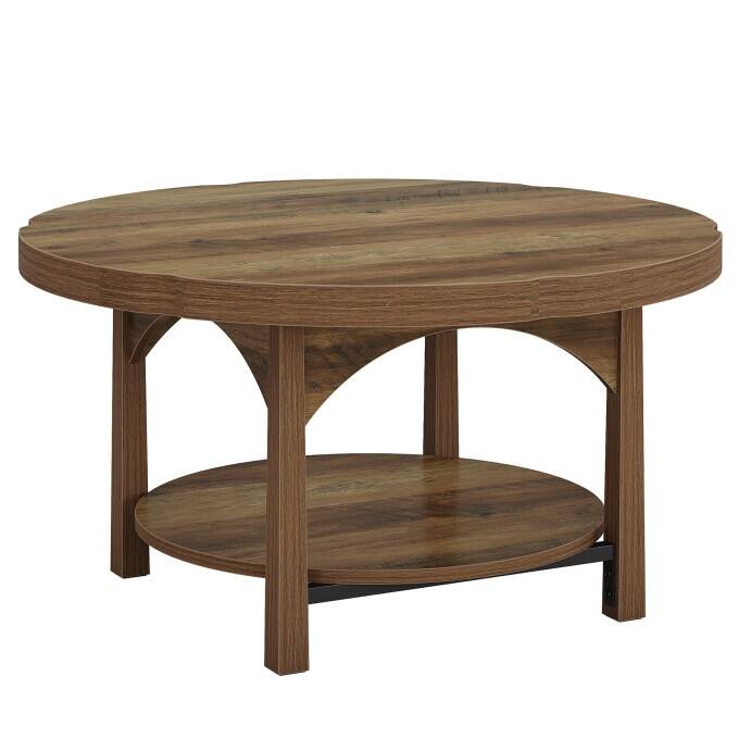 2 Tier Round Coffee Table, Wooden Living Room Center Table With Shelf