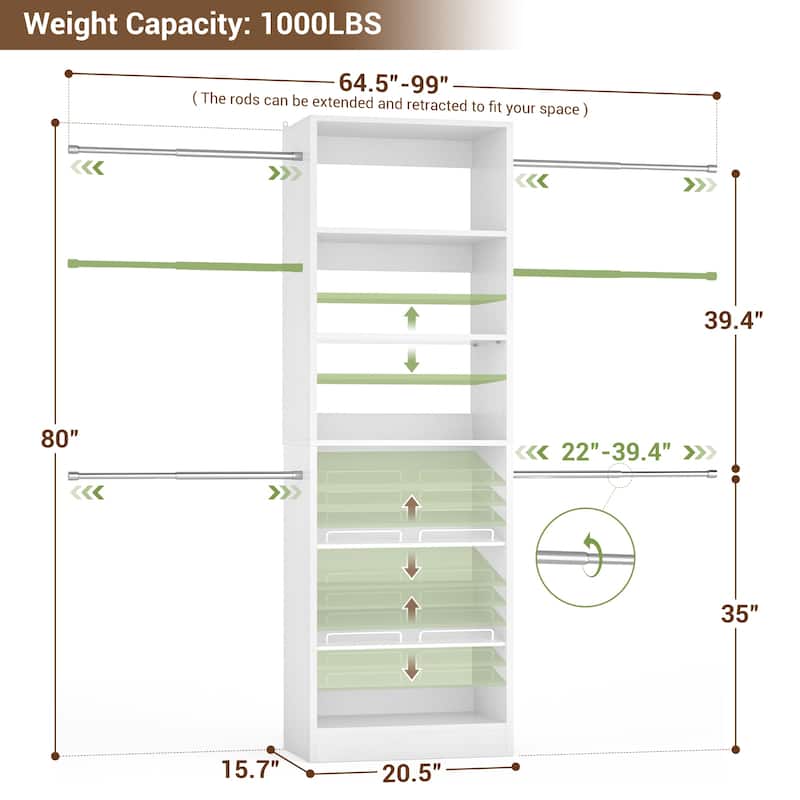 Cimly Closet Oragnizer System with Adjustable Hanging Rods, Shoe Rack, and Storage Shelves