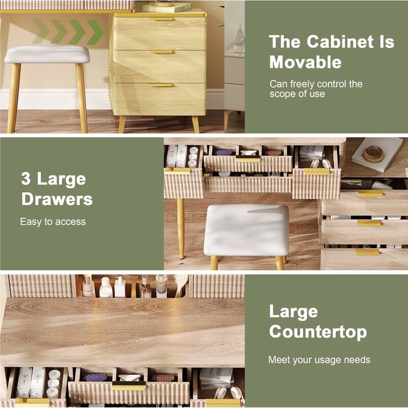 Anmytek 7-Drawer Vanity Desk with LED Mirror & PU Stool - Carved Details & Jewelry Storage for Bedroom