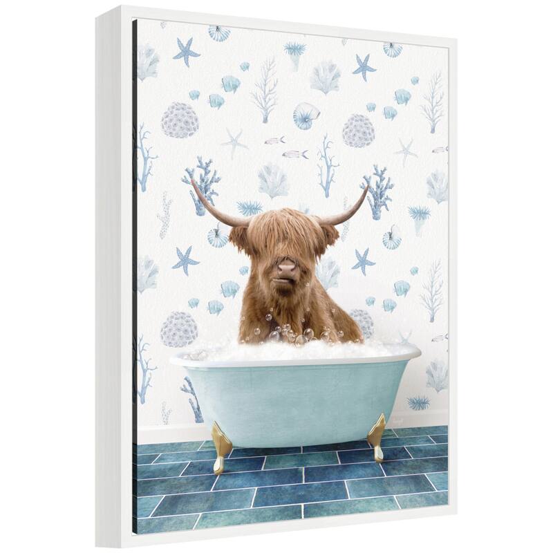 Kate and Laurel Sylvie Highland Cow in Under the Sea Bathtub Framed Canvas by Amy Peterson - White