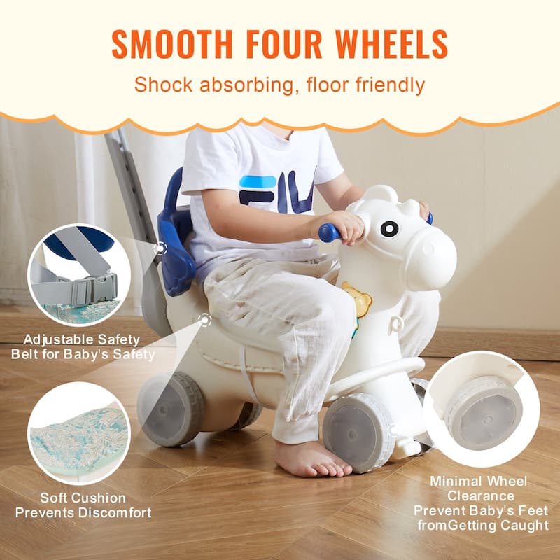 4 in 1 Rocking Horse for Toddlers with Wheels Push Handle and Sound - 34.64 x 15.35 x 26.37 inch