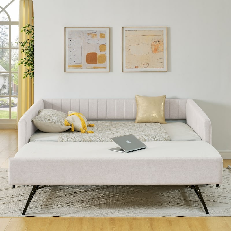 Full Size Daybed with Trundle Upholstered Sofa Bed, with Vertical Stripes, Linen Fabric, Beige (82.5"x58"x30")