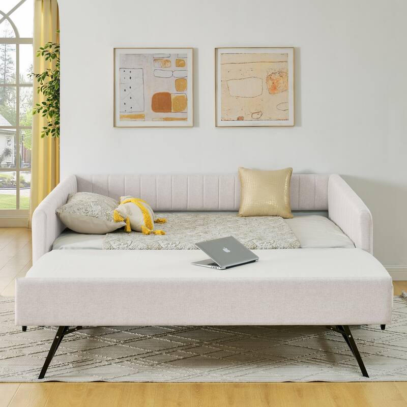 Twin/Full Size Daybed with Trundle, Upholstered Sofa Bed with Vertical Stripes, Linen Fabric, Comfortable Seating for Bedroom