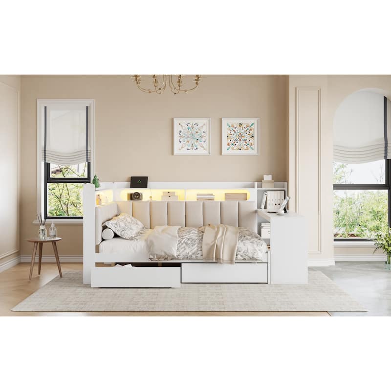 Full Daybed with Storage Shelves Built-in Charging Station LED Light, L-shape Upholstered Sofa Bed with 2 Drawers, Cabinet, Desk