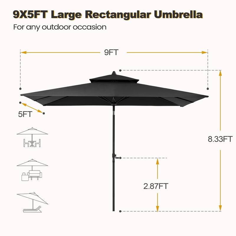 VredHom 9 x 5 Ft Outdoor Rectangular Market Umbrella with Double Top