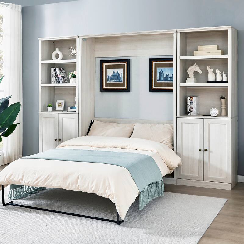 Half Self-Close and Open Murphy Bed with 2 Side Cabinet Storage Shelf