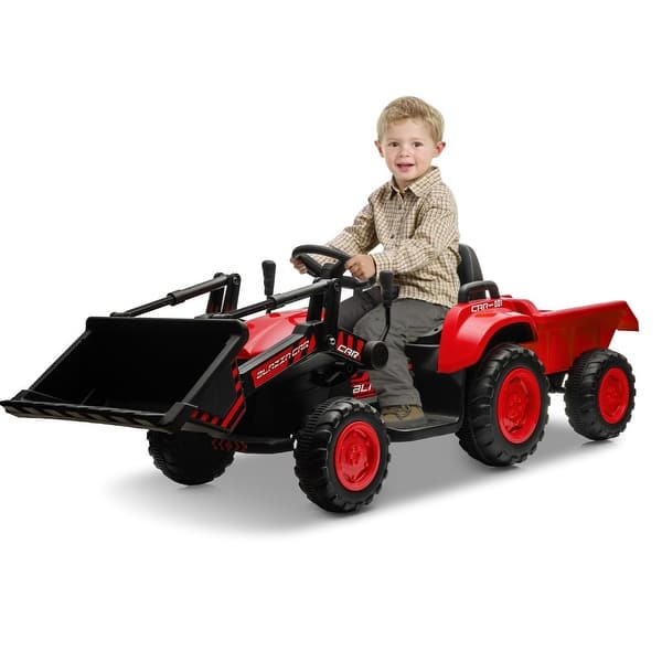 slide 2 of 28, Hetoy 3 in 1 Ride on Tractor, 12V Ride on Bulldozer with Detachable Trailer Red