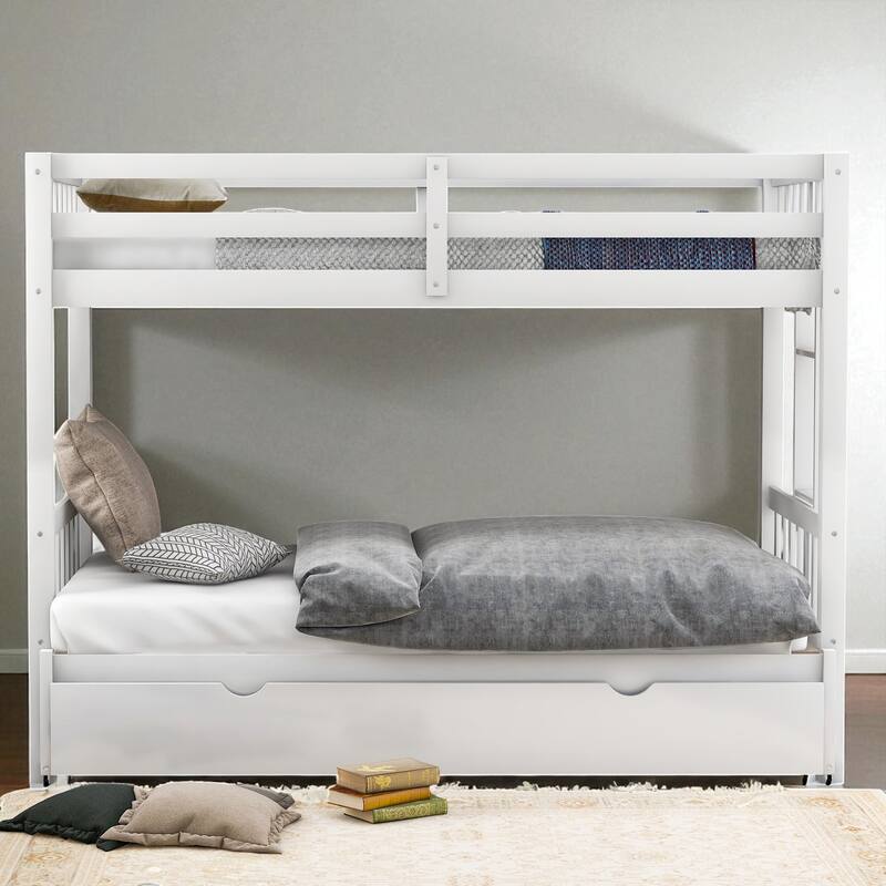Twin Over Twin Pull-Out Bunk Bed with Trundle, Convertible 4 Beds, Solid Wood Frame with Guardrails and Ladder