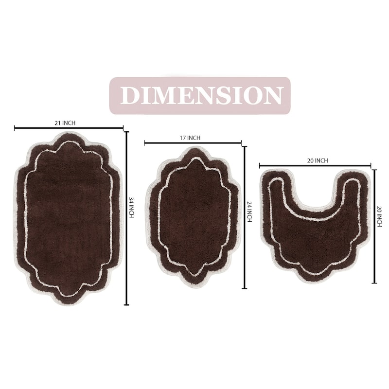 Allure Collection 100% Cotton Non-Slip Bathroom Rug Set, 3 Piece Machine Washable- Bathroom Rug, Bath Rug, U Shaped Contour