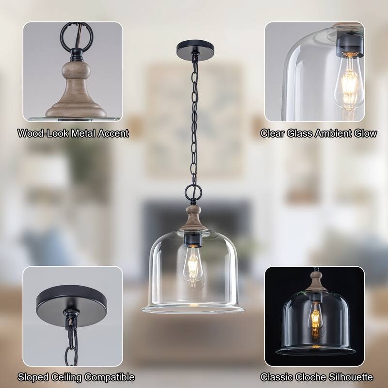 Starsky 1-Light Clear Glass Bell Jar / Cloche Pendant With Wood-Look Metal Accent - Cloche