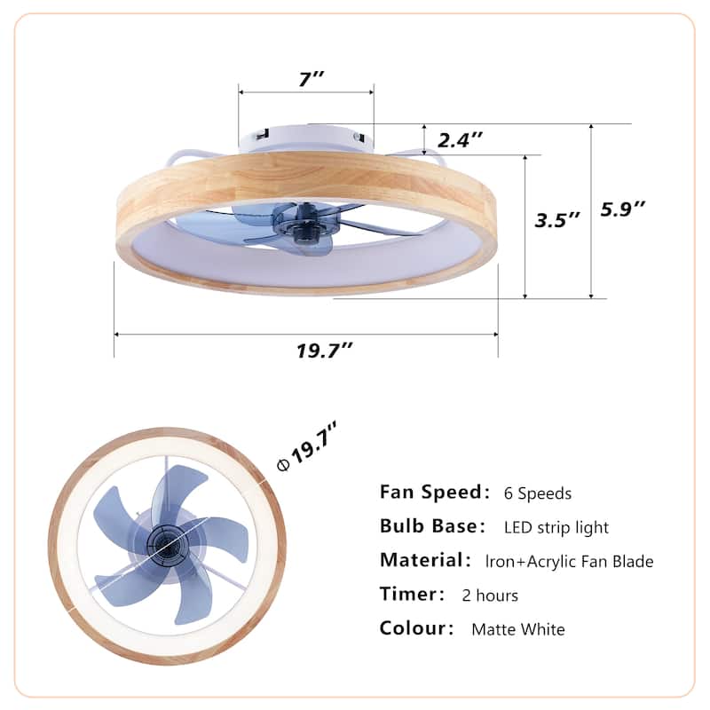 20" Farmhouse Natural Wood Flush Mount Ceiling Fan with Dimmable LED Light and Remote