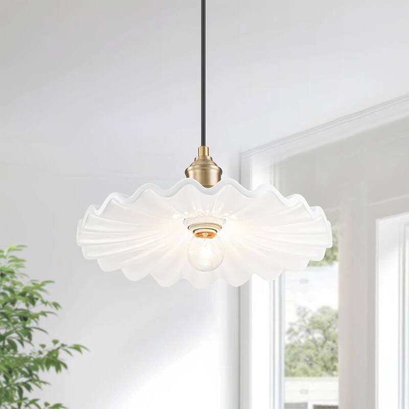 1-Light Modern Transitional Metal & Ceramic Pendant with Ruffled Wave-Edge Shade for Dining Room - 11.8" W x 5.5" H