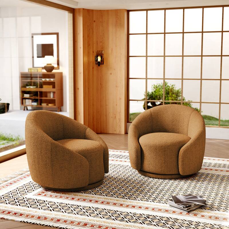 Boucle Barrel Chair Upholstered 360°Swivel Armchair Set of 2