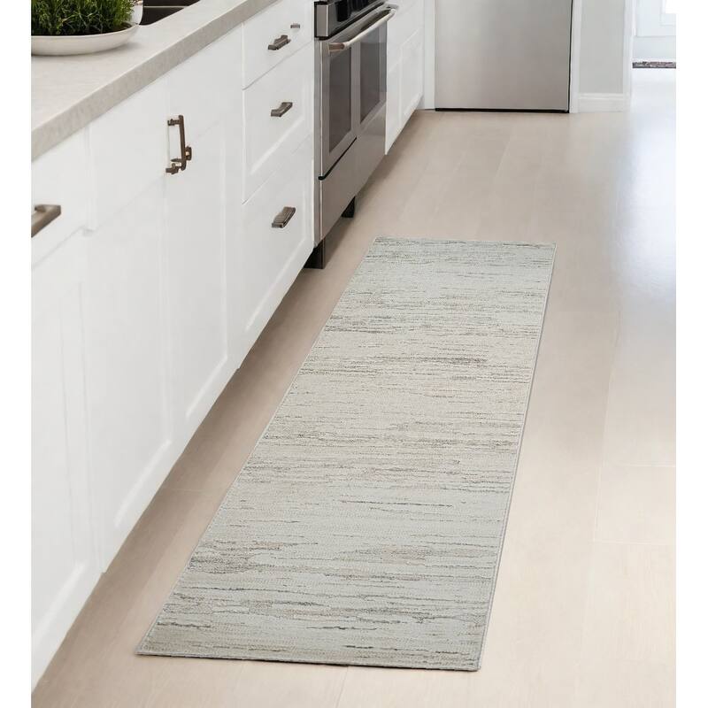 Bino Distressed Geometric Modern Stain Resistant Woven Area Rug By HomeRoots - 2' X 8' - 2' X 8' - Gray and Beige - Rectangle