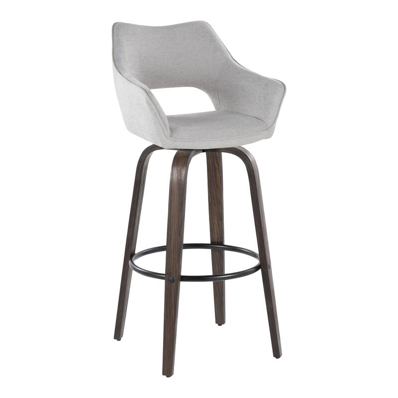 Porch & Den Mac 30" Fixed-Height Upholstered Bar Stool with Bent Wood Legs & Round Footrest (Set of 2) - Grey Fabric/Walnut Glazed Wood