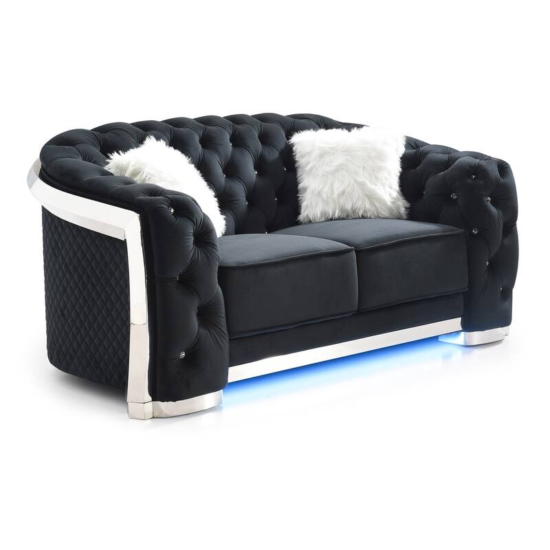 Button Tufted Flared Arm Velvet Straight Sofa with LED Lights - 71" - Black