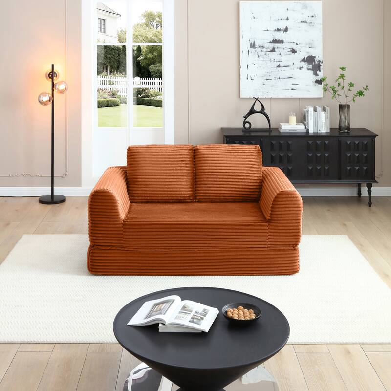 2-in-1 Folding Convertible Sofa Bed, Modern Corduroy Sleeper Couch - Orange